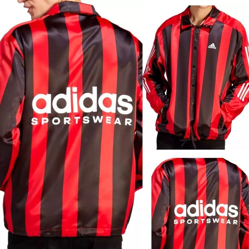Adidas Satin Jacket Mens L Red Black Coaches AC Milan 3 Stripes Y2K Streetwear